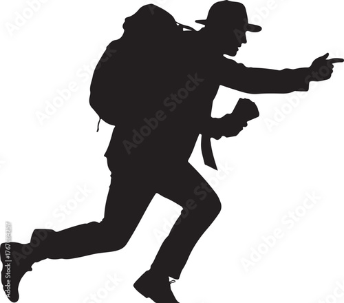 Silhouette of man in hat running and pointing vector