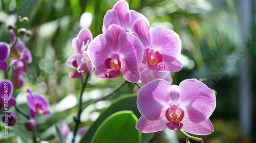 Vibrant colorful flower blooming brightly in a sunny garden, with soft green leaves surrounding its delicate petals. Fresh flower standing tall among grass, showcasing natural beauty, freshness