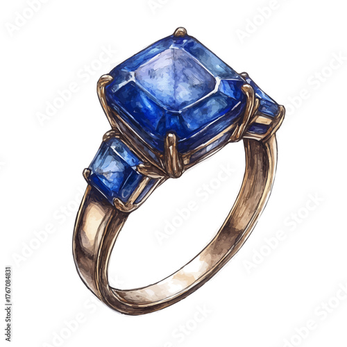 Sapphire Ring, watercolor clipart vector, isolated on a white background.