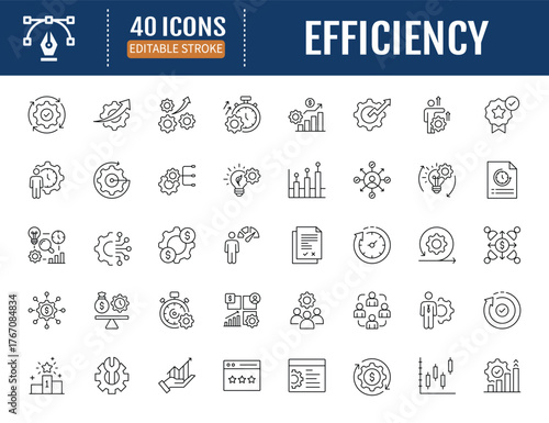 Efficiency icon set. Includes workflow,production, time, energy, optimize, performance,process, operation, resource icon. VectorIllustration with Editable Strokes