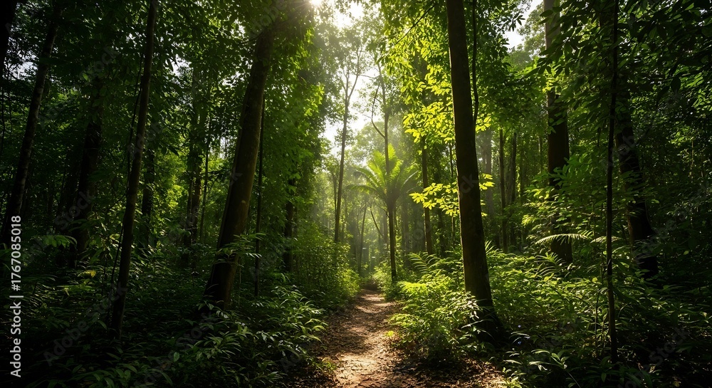 Fototapeta premium Lush Forest Path Serene Green Aesthetic Background