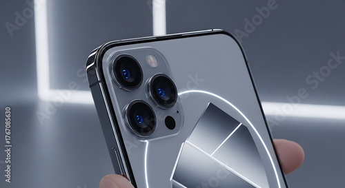 Close up view of a smartphone with three camera lenses on the back in a modern studio setting