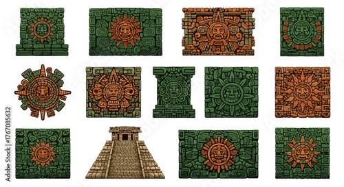 Collection of ancient aztec stone carvings and a pyramid model