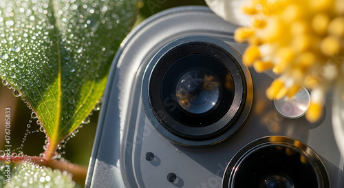 Close up of iphone camera lens with flower and dew covered leaf in natural light setting outdoors
