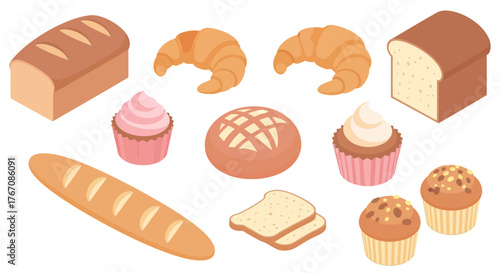 Isometric illustration of various baked goods including bread, croissants, and cupcakes.