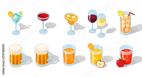 Isometric drinks: cocktails, wine, beer and juices in glasses.