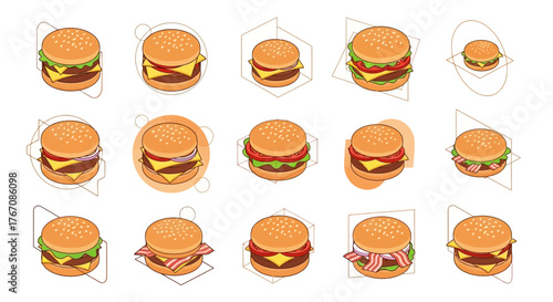 Isometric burger collection: A variety of burgers with different toppings and presentations.
