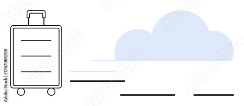 Modern suitcase with wheels in motion alongside a soft blue cloud. Ideal for travel, vacation, adventure, air travel, mobility, simplicity, modern lifestyle. Expresses simple flat metaphor