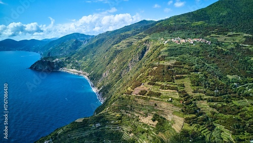Fototapeta Naklejka Na Ścianę i Meble -  North-facing drone panorama of Cinque Terre. Manarola, Italy