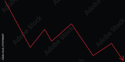 A glowing red line graph on a black background showing a downward trend. Ideal for illustrating financial loss, business decline, market downturn, negative performance, or economic,.
