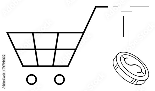 Shopping cart with a grid design and falling coin evoke themes of consumerism, budget management, and financial decisions. Ideal for retail, economy, e-commerce, savings, investment, finance