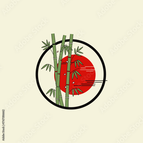 Japanese bamboo with red sun icon flat vector design.