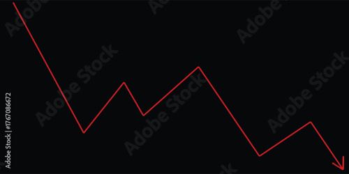 A glowing red line graph on a black background showing a downward trend. Ideal for illustrating financial loss, business decline, market downturn, negative performance, or economic,.