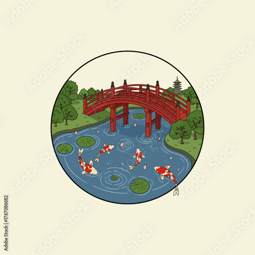 Japanese bridge over pond icon flat vector design.