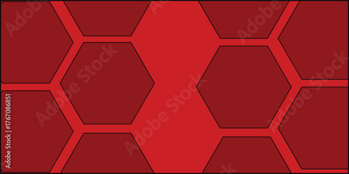 Abstract red background with dark red hexagon shapes forming a modern geometric pattern. Suitable for technology themes, futuristic concepts, digital design, or minimalist backgrounds.