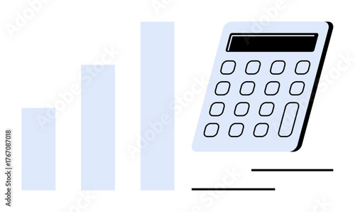 Bar graph with three levels next to a calculator. Ideal for finance, accounting, data analysis, business planning, calculations, statistics, budgeting. Minimal and simple flat metaphor