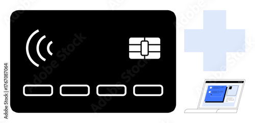 Contactless payment card with chip and signal icon, laptop with digital interface. Ideal for fintech, online banking, cybersecurity, payment processing, digital commerce, convenience, technology