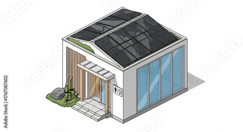 Isometric architectural design of modern public toilet with solar panels