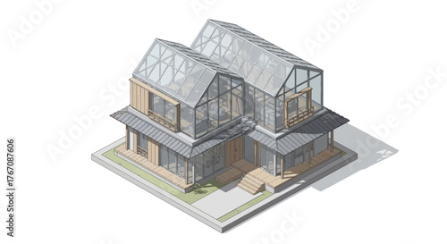 Isometric architectural rendering showcasing a modern glazed house design