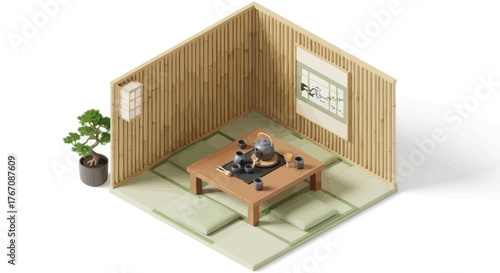 Isometric Asian tea room illustration with bonsai and traditional decor