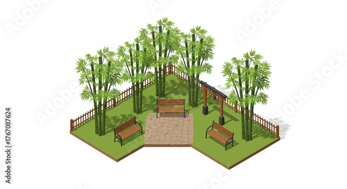 Isometric bamboo garden with benches providing a peaceful place for relaxation