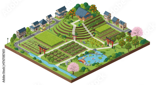Isometric depiction of a Japanese rural landscape with rice fields and homes