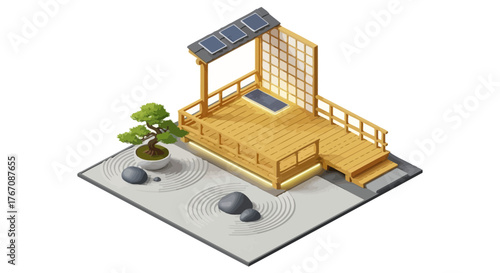 Isometric depiction of a peaceful japanese garden with bonsai and veranda