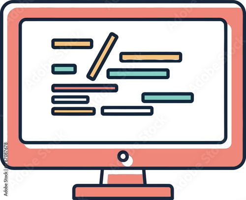Computer monitor displaying lines of code and programming symbols on a white background