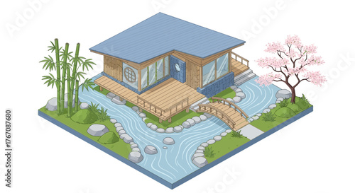 Isometric depiction serene japanese garden house with natural elements