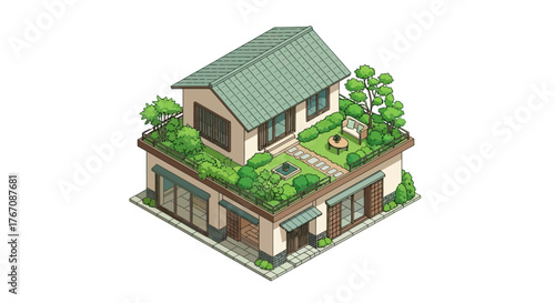 Isometric Dream House with Green Roof Garden and Relaxing Outdoor Area