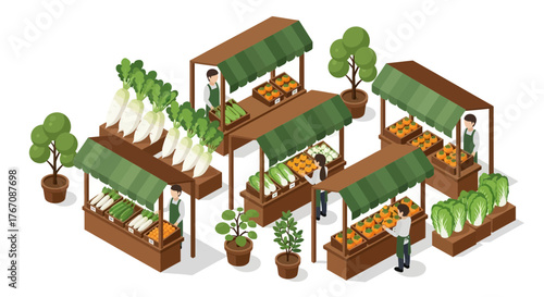 Isometric Farmer's Market with Fresh Produce and Friendly Vendors Illustration