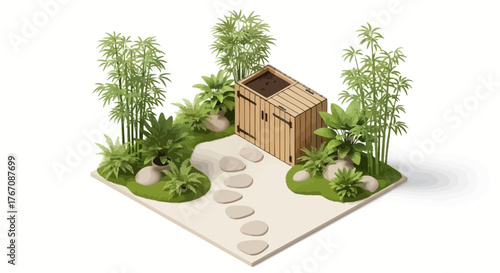 Isometric garden design showcasing bamboo plants, ferns, and wooden shed