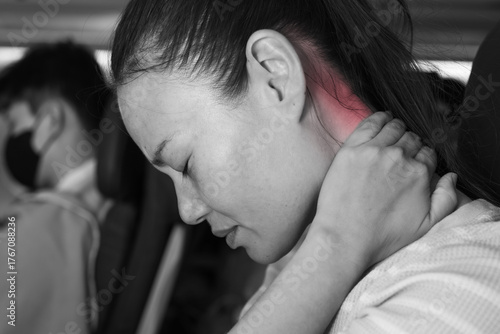 Uncomfortable airplane passenger with neck pain muscle  strain stiffness  