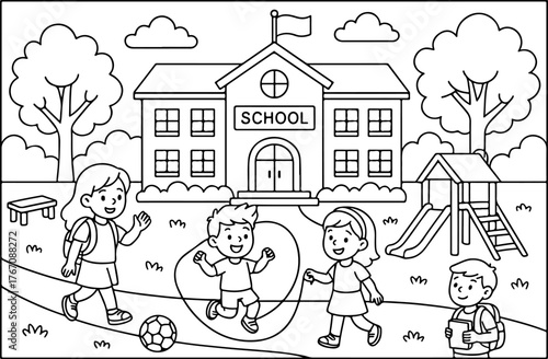 hand drawn vector doodle illustration of School Yard coloring page for kids line art
