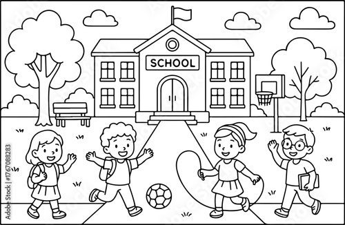 hand drawn vector doodle illustration of School Yard coloring page for kids line art