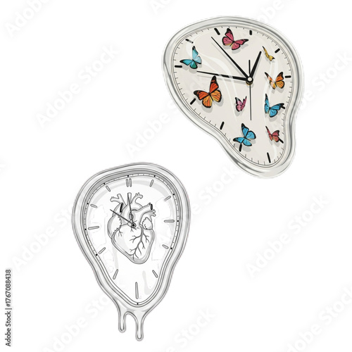 Surreal melting clocks time flies transformation whimsical dreams hope fantasy future possibilities imagination creativity reflection vector art