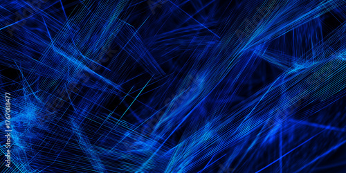 Energetic abstract digital grid with intersecting blue light streaks on dark background
