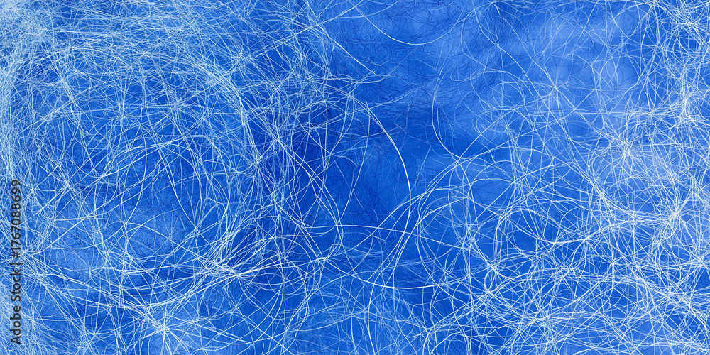 Obraz premium Dense web of white tangled lines on vivid blue background forming abstract net texture 