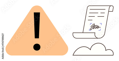 Exclamation mark in a triangle paired with a signed document over a cloud visual. Ideal for alert, compliance, digital signature, data protection, online agreement, cybersecurity, simple flat