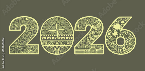 Celebrating the arrival of the year 2026 with a beautifully crafted, artistic representation of the digits, adorned with intricate patterns and natural motifs