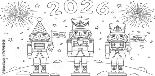Happy New Year 2026 coloring page featuring three nutcrackers with fireworks and festive hats
