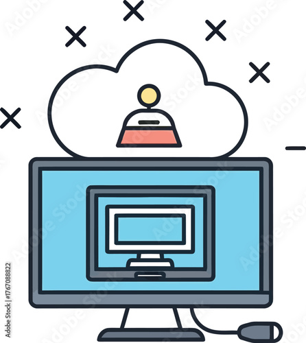Digital cloud computing concept with a computer screen displaying a desktop and user icon within a cloud