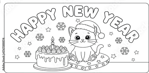 Festive coloring page with a charming cartoon cat in a Santa hat, celebrating New Year with a decorated cake and playful snowflakes, ideal for kids' creative fun