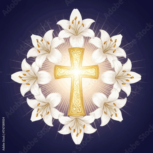 Sacred remembrance for All Saints' Day, a glowing cross with lilies for decorating church altars or a personal altar