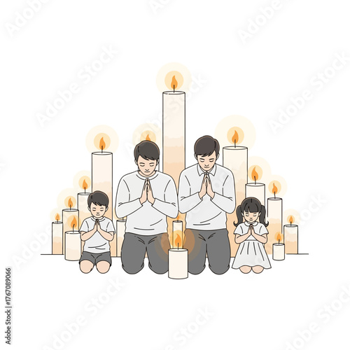 All Saints' Day Remembrance Family at Altars with Candles in Silent Prayer