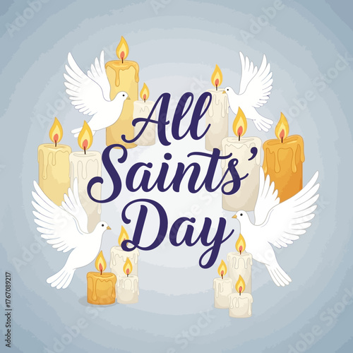 Honoring souls on All Saints' Day with a candlelit altar, celebrating remembrance with peaceful doves