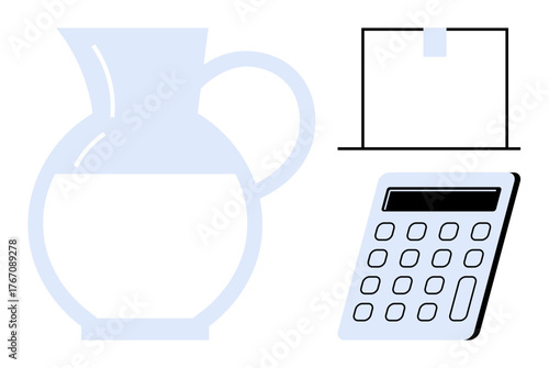 Minimal water pitcher, ballot box with inserted paper, and calculator design symbolizing hydration, voting, calculation, teamwork, decision-making, resource management healthy lifestyle. Ideal