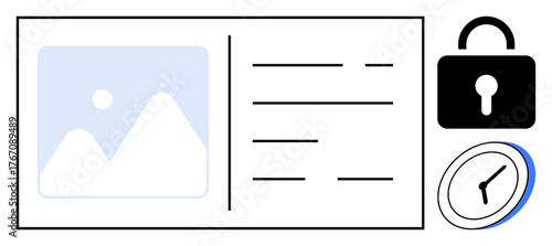 User profile card with image, text fields, security lock, and clock. Ideal for identity, login, privacy, time management online account access control security concepts. Minimalistic flat metaphor