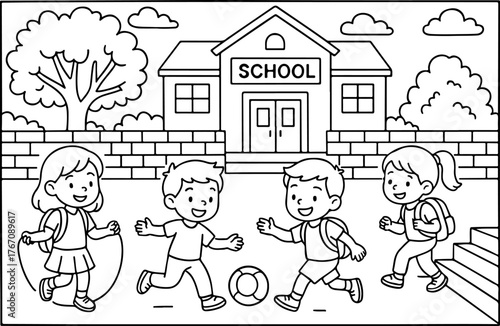 hand drawn vector doodle illustration of School Yard coloring page for kids line art