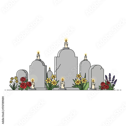 An altar of Remembrance for All Saints' Day, featuring illustrated cemetery altars decorated with flowers and candles